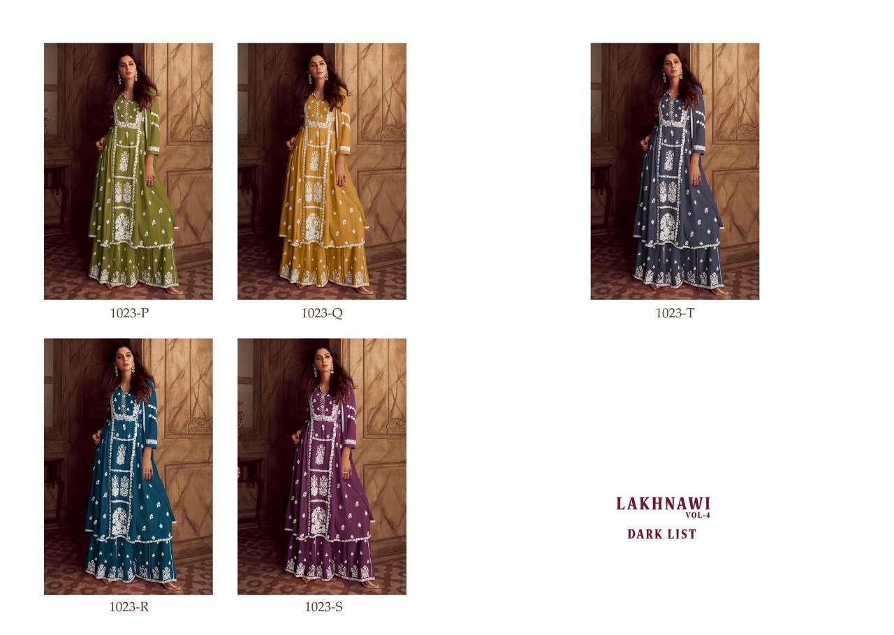 LAKHNAVI VOL 4 DARK LIST HEAVY RAYON LAKHNAWI WORK KURTI WITH PLAZZO AND DUPATTA BY S3FOREVER BRAND INDEX